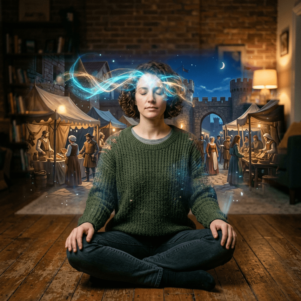 Woman sitting cross-legged meditating with glowing magical medieval market imagery