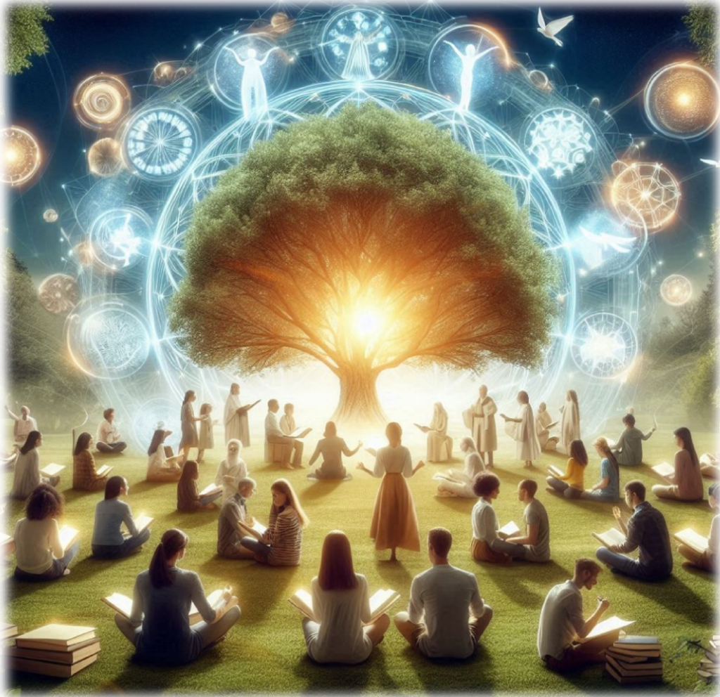 El Ser y el Saber - La humanidad alrededor de un árbol de luz y estudiando ciencias.